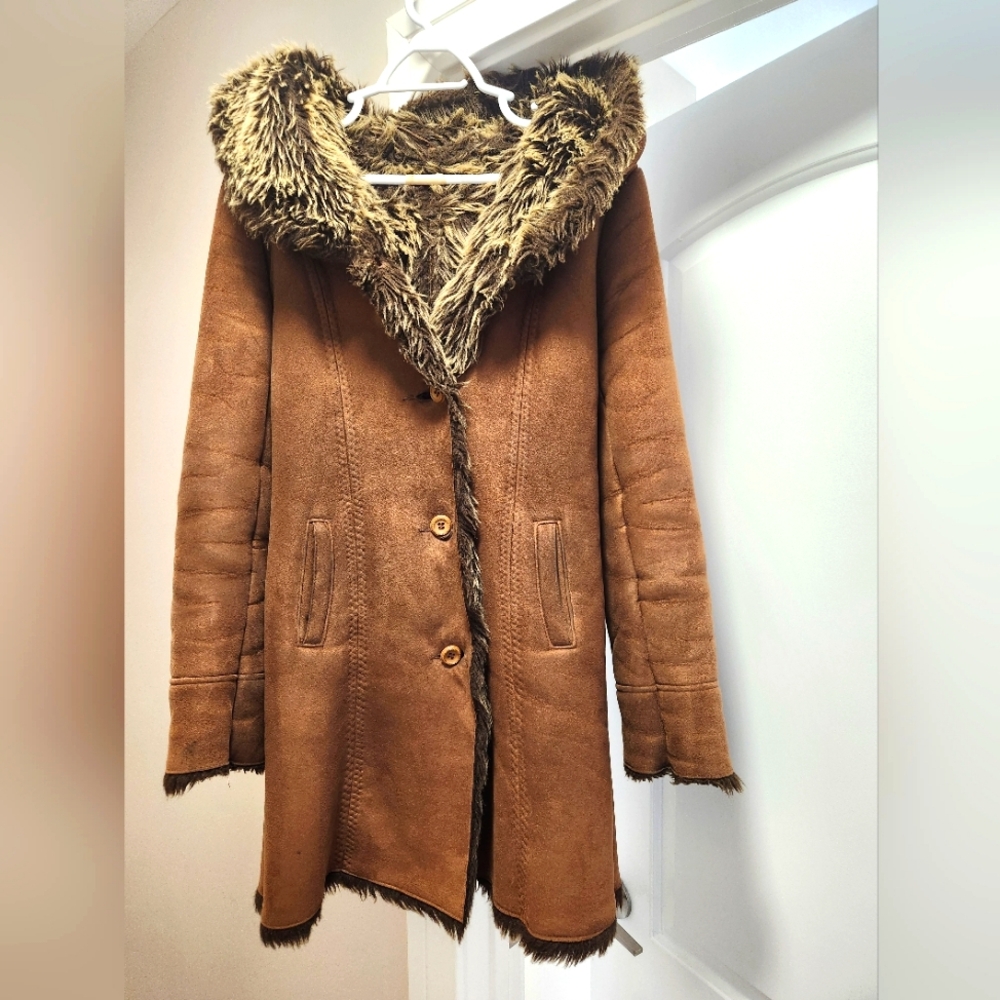Winter coat suede fake fur woman, brown, size small - 36, fit small and medium.